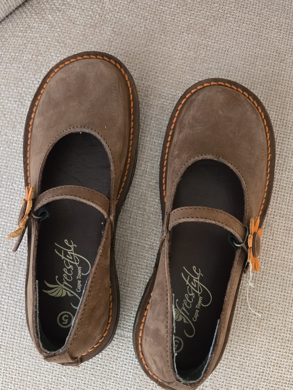 Freestyle Brown Leather Mary Jane Loafers with Orange Accent